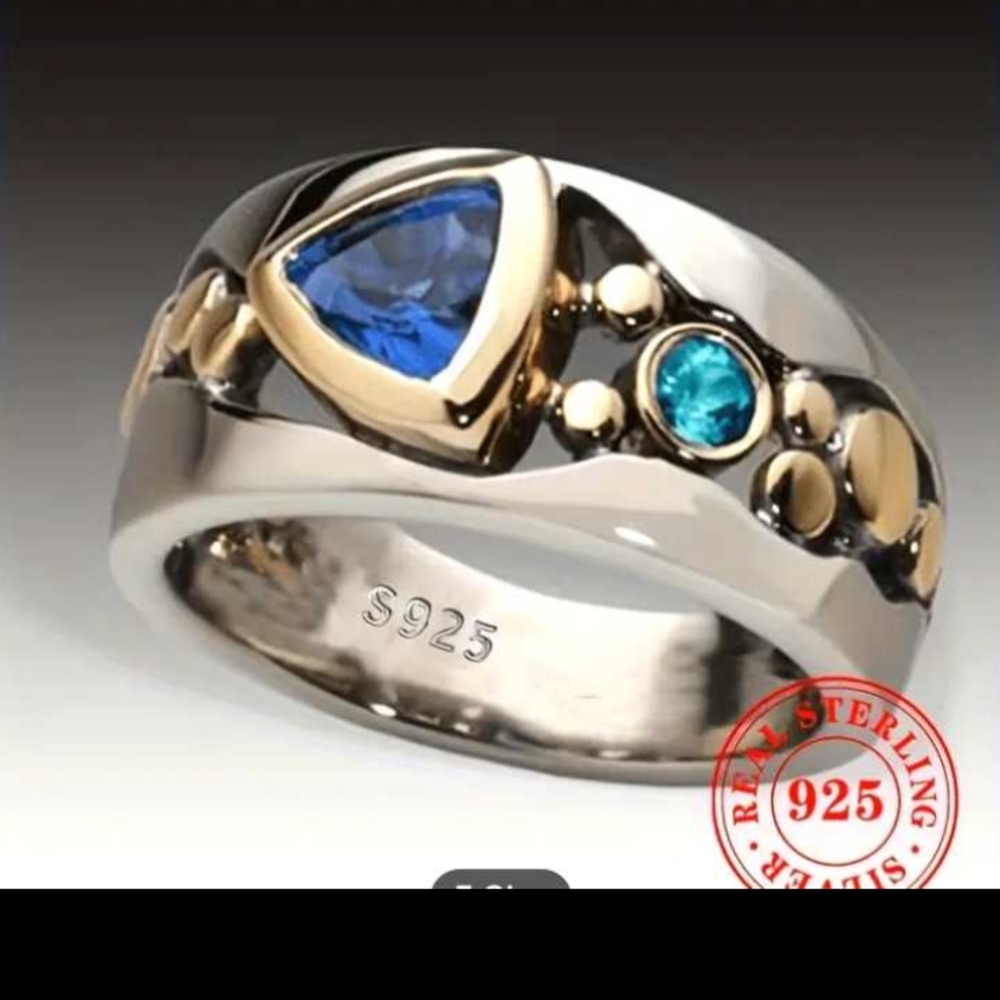 S925 Silver Blue and Gold Size 9 Architectural Ring with Trillion-Cut Gemstone